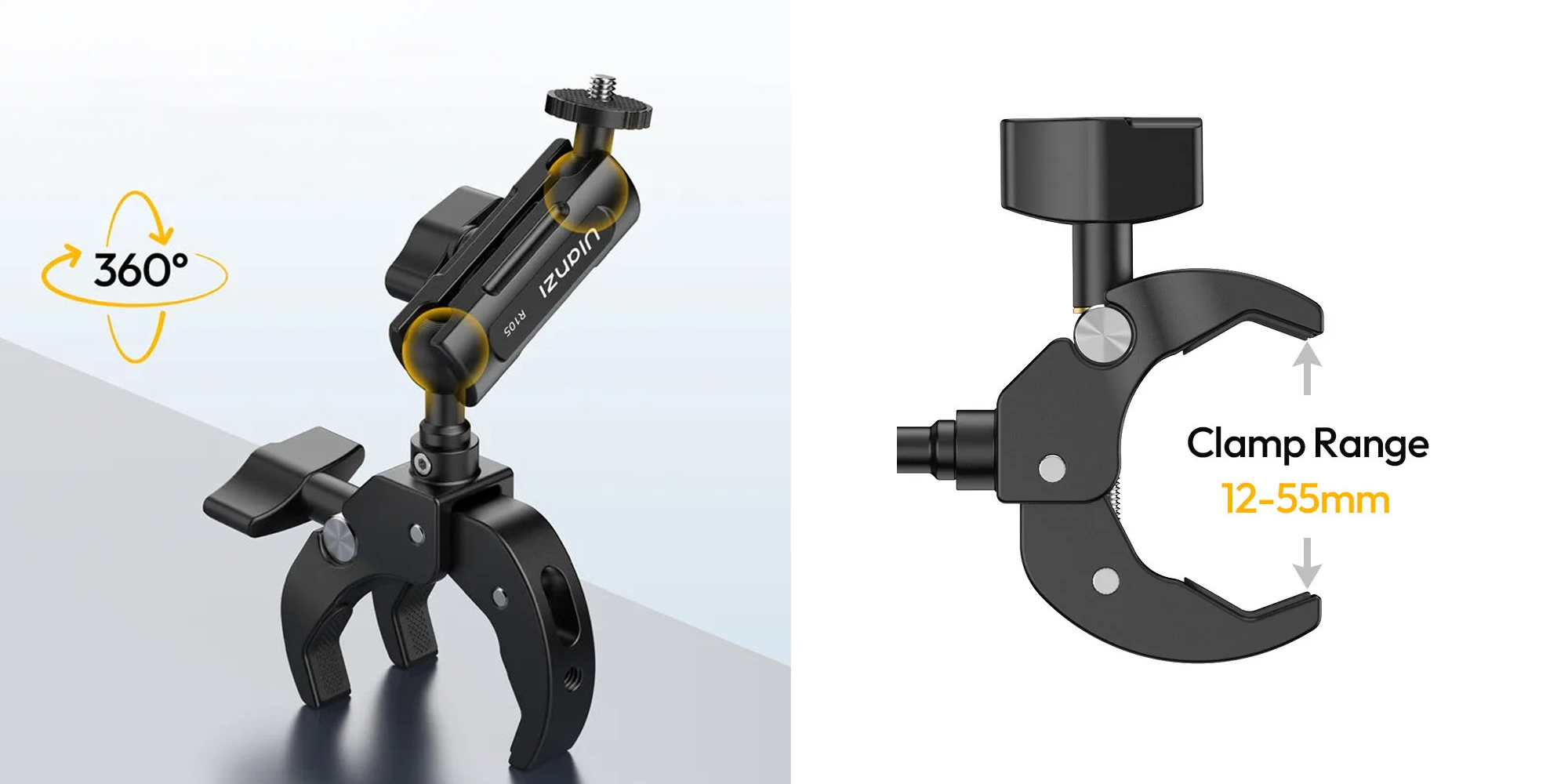 width=100% Ramię montażowe Ulanzi R105 z uchwytem Super Clamp - prezentacja zakresu ruchów i regulacji